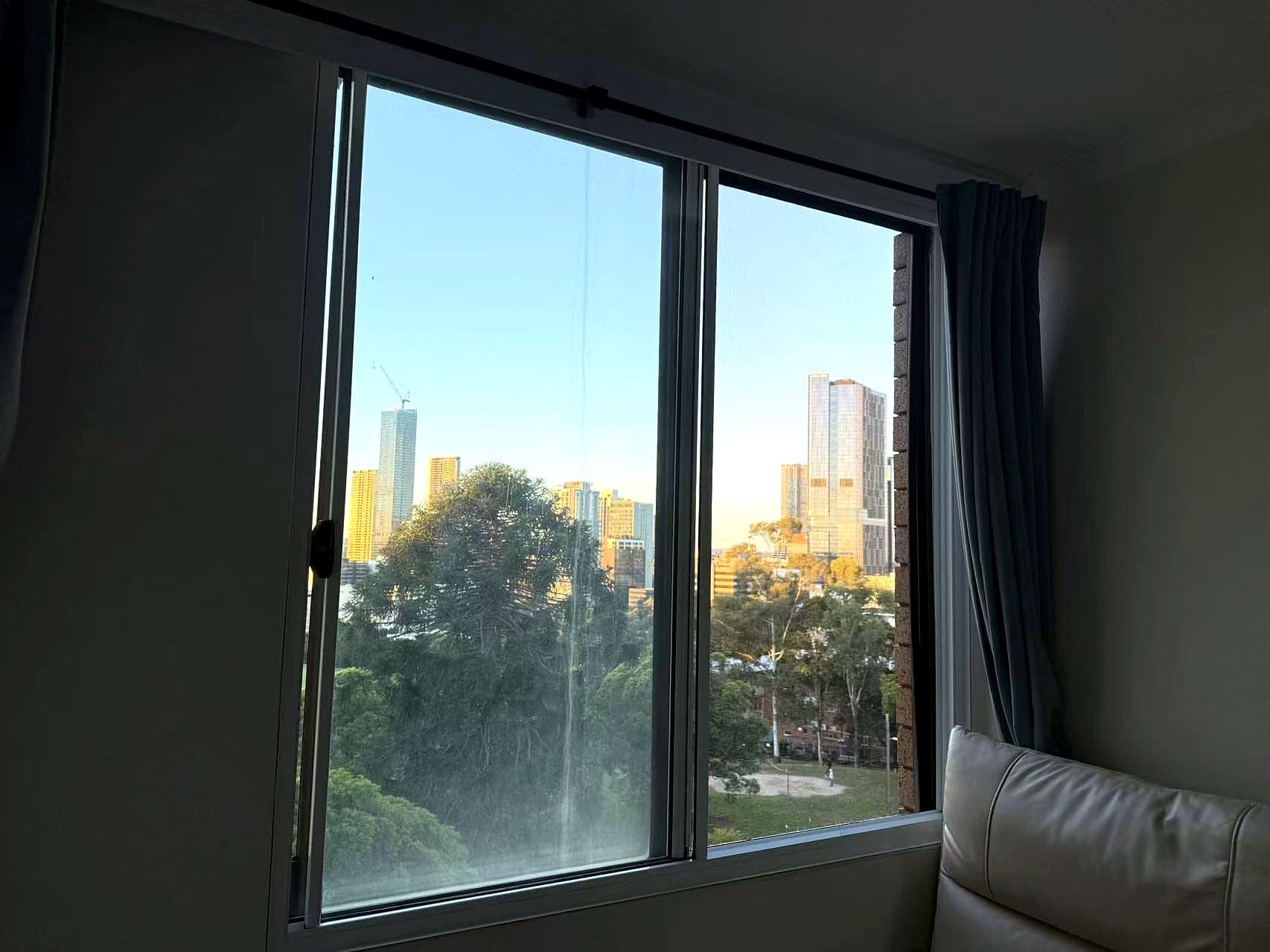 Finished acoustic window with the Parramatta skyline outside