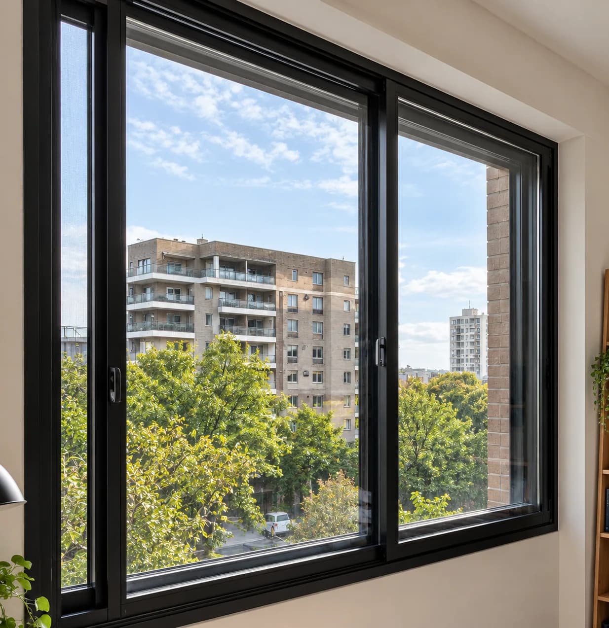 Illustration of a black aluminium secondary window and its internal frame