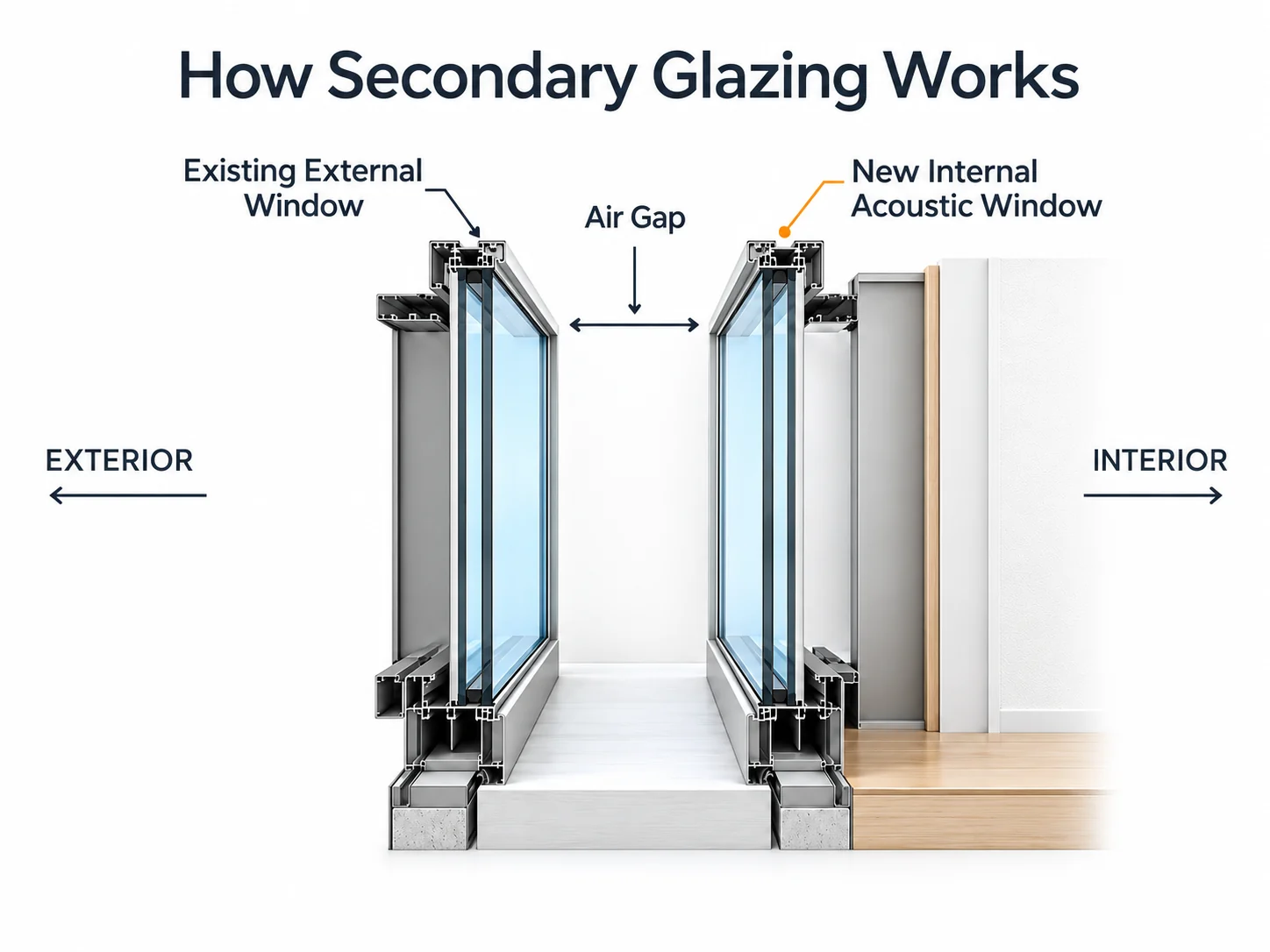 Conceptual cross-section showing the existing external window, a separate air gap and the new internal acoustic window