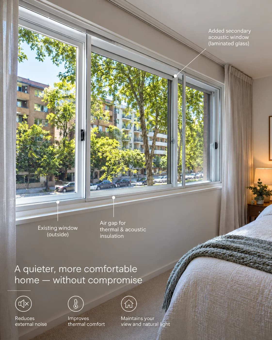 Annotated secondary glazing illustration identifying the existing outside window, new internal laminated-glass window and air gap